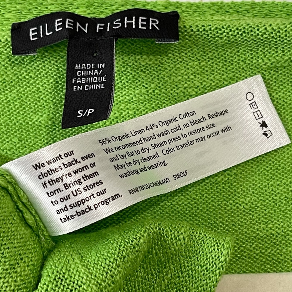 Eileen Fisher Linen Top V-Neck Long Sleeve Knit Classic Pullover Green Sz Small - Picture 7 of 7